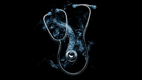 Chromed stethoscope with vapor trail rendered on deep black field