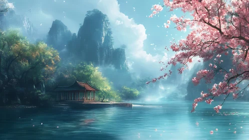 Digital painting of serene lakeside pavilion and blossoms.
