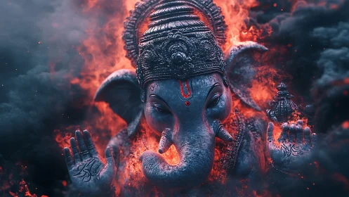 Majestic Ganesha statue emerges from swirling sacred fire.