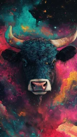 Celestial bull portrait merges cosmic nebulae with vivid strokes