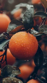 Morning raindrops crown a ripe orange in quiet orchard