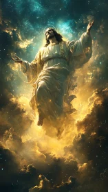 Radiant celestial ascension amid star-swirled golden clouds.