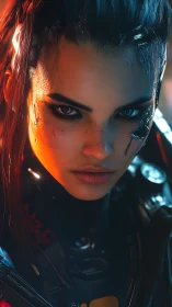 Cybernetic woman portrait in high contrast neon lighting.