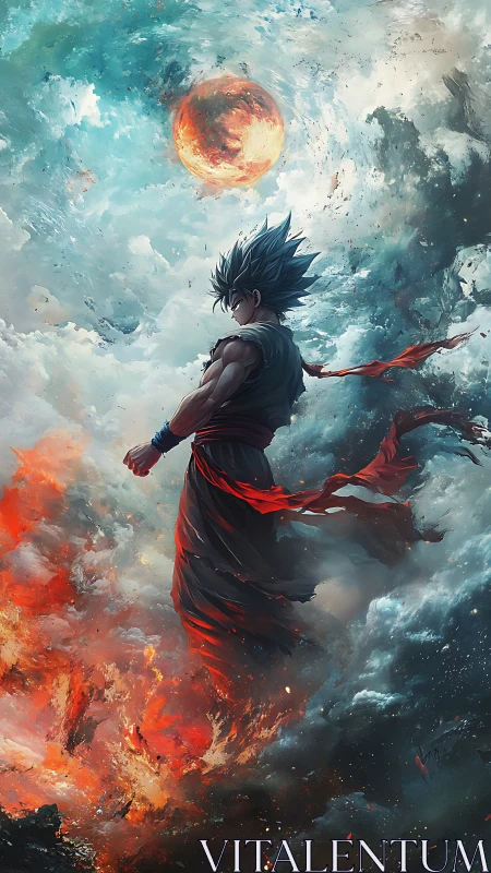 Warrior in storm of fire and clouds under burning planet.