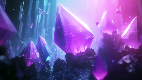 Spectral amethyst crystal cluster under volumetric neon lighting.