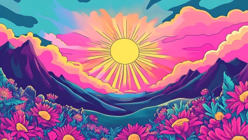 Chromatic alpine sunrise with hyper-saturated floral foreground.