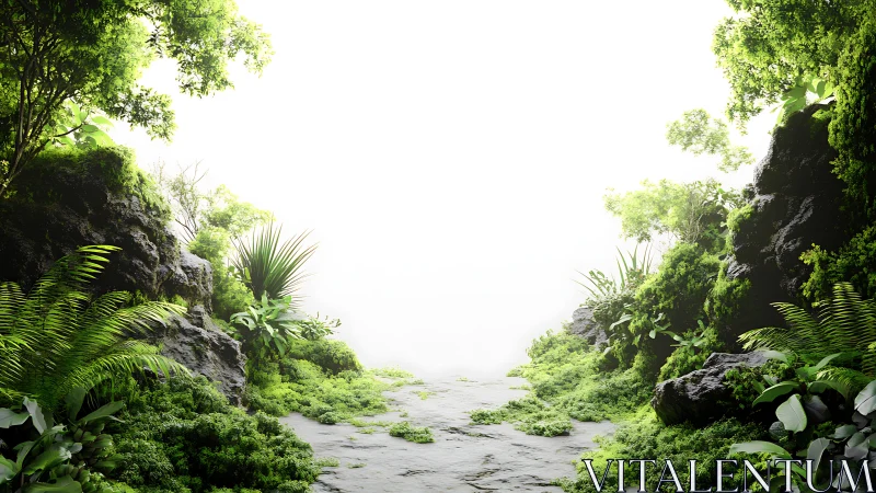 Stone pathway through lush tropical canyon with dense vegetation