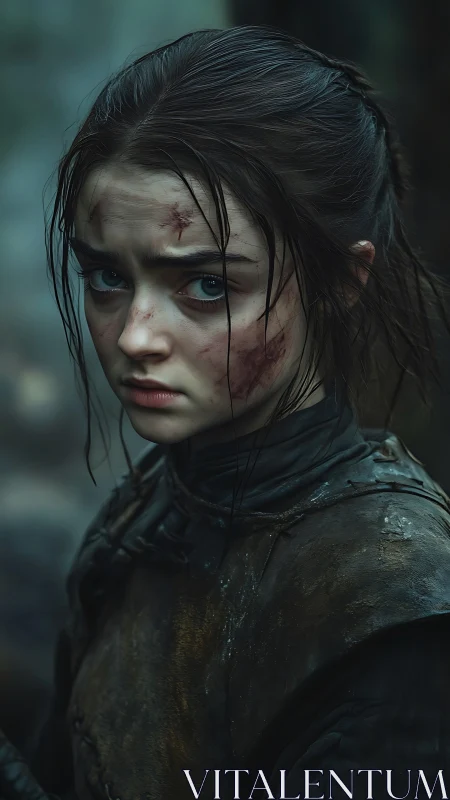 Battle-worn young girl in dark medieval leathers portrait.