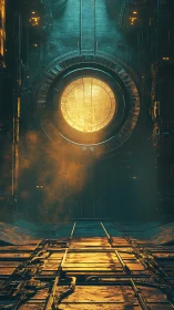 Cyberpunk vault door under molten industrial light portal.