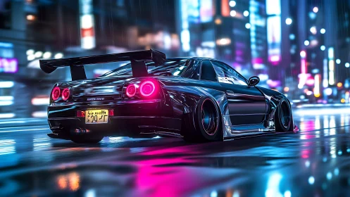 Modified sports coupe powers through neon soaked city street