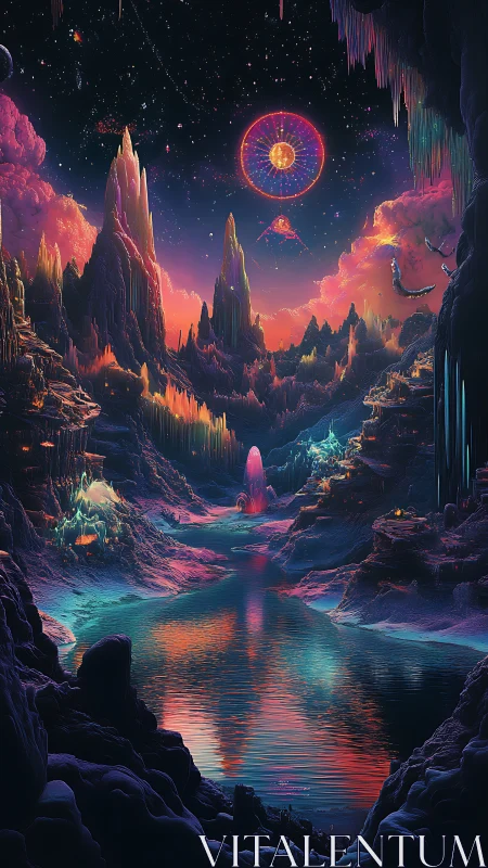 Starlit neon caverns cradle a luminous cosmic river dreamscape.