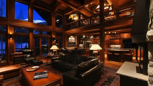 Cozy mountain lodge living room glowing with evening warmth.