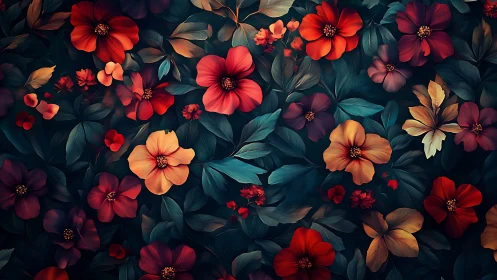 Botanical composition displaying blooming flowers with warm and cool color palette