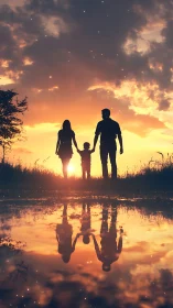 Sunset stroll with family and glowing sky reflections.