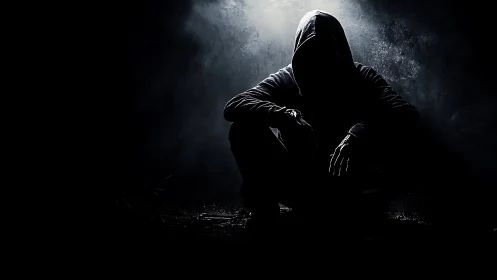 Hooded figure crouching in dark moody low key lighting.