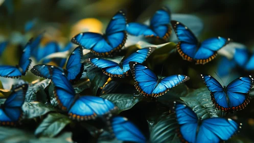 Midnight jungle chorus of electric blue butterflies in flight.