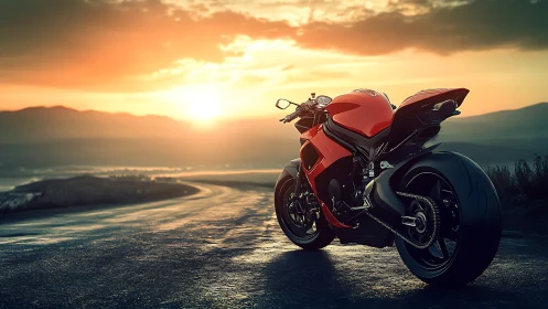 Red sport motorcycle on empty winding road at sunset.
