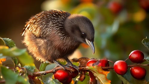 Fluffy brown bird perched on berry branch in soft autumn light.