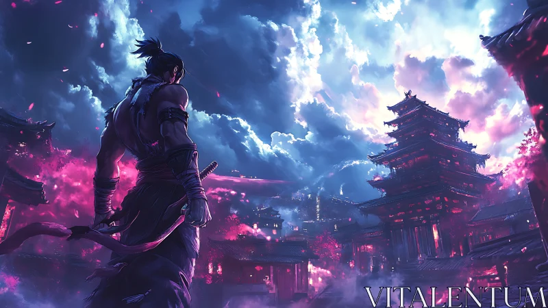 Stormlit samurai gazes over neon-scorched sakura cityscape.
