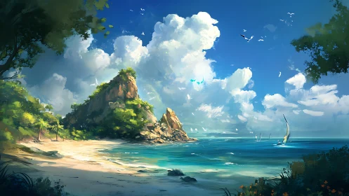 Tropical Coastal Landscape with Rocky Pinnacle and Cumulus Cloud Formation