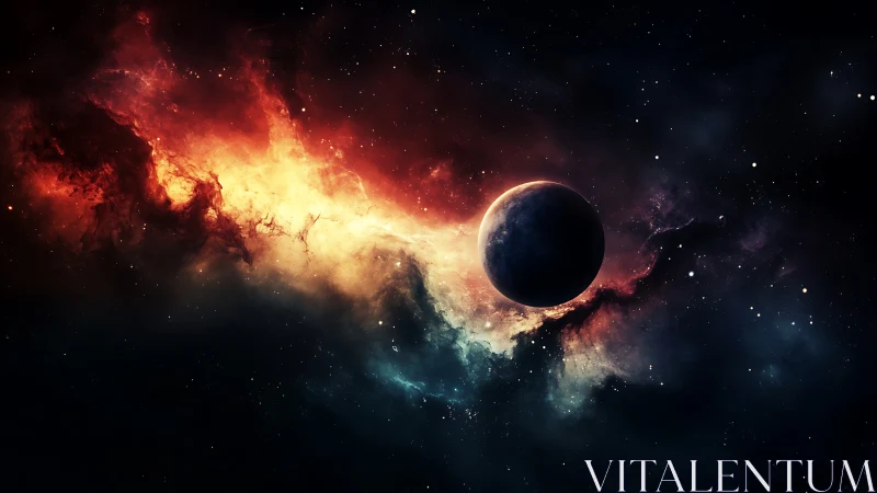 Planetary silhouette against colorful interstellar nebula.