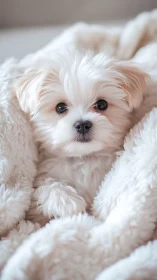 Blanket-burrowed puppy gaze wrapped in cloud-soft fluff.