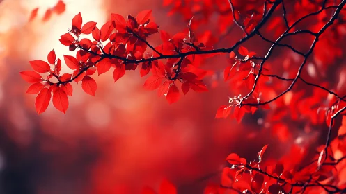 Vibrant red autumn leaves on branch with soft bokeh background.