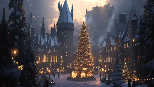 Snowy castle square glows around a towering Christmas tree