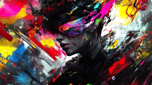 Neon-splashed cyber portrait in explosive chromatic motion.