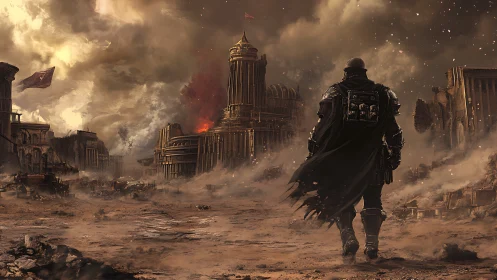 Lone armored wanderer approaches burning post apocalyptic citadel