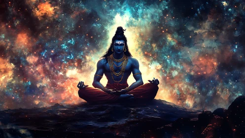 Cosmic yogi in lotus pose amid luminous nebula sky.