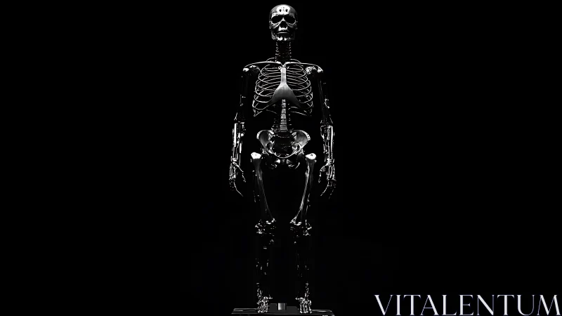 Metallic human skeleton model stands centered on black background