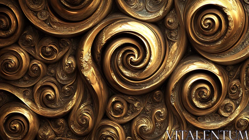 Metallic fractal spirals with ornate golden vortex surfaces