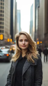 Urban street portrait shows woman centered between tall buildings