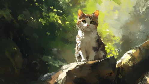 Tabby and White Kitten on Stone Branch in Dappled Forest Light