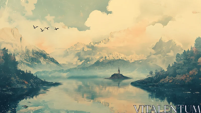 Mountain lake with distant island church and birds in flight.