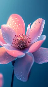 Pink Magnolia Blossom with Dew Droplets Against Gradient Teal Background