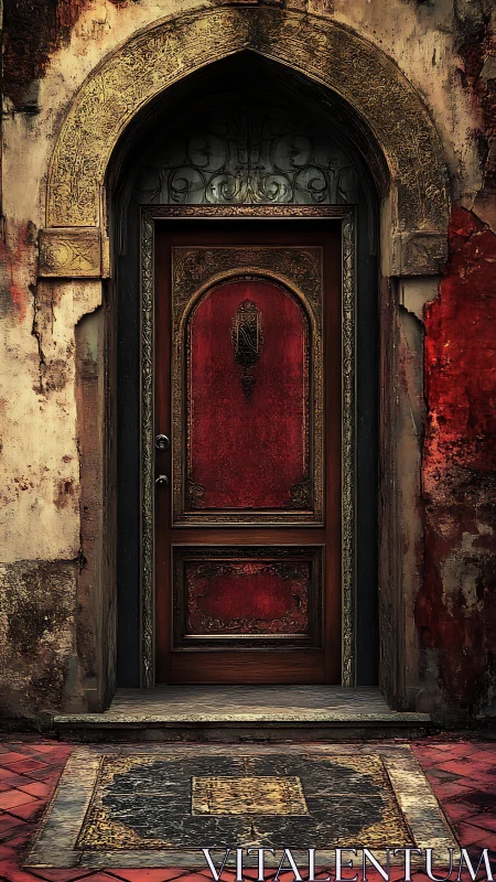 Ornate red doorway under weathered golden stone arch