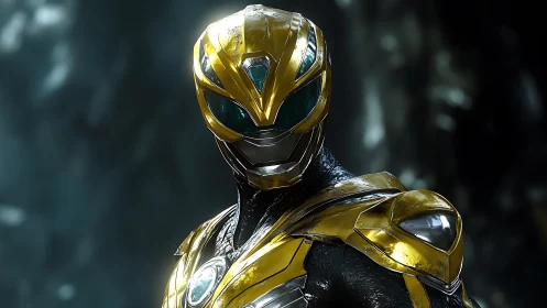 Gold and black armored humanoid figure in reflective suit.