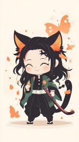Cute chibi cat-eared swordsman with butterflies background.