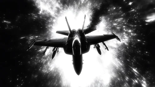 Military jet silhouette against high contrast light burst.