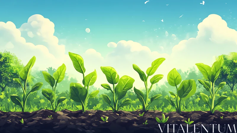 Young green seedlings growing in bright sunny garden soil.