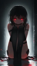 Shadowed girl with glowing red eyes sits in quiet tension