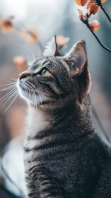 Tabby Cat Gazing Upward With Botanical Foliage and Bokeh Background