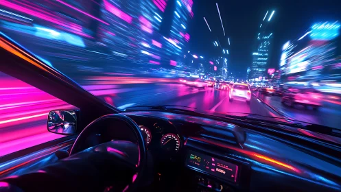 Neon city highway from driver view, vivid motion blur.
