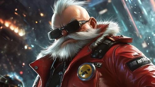 Cybernetic arctic veteran in red tactical parka, neon city