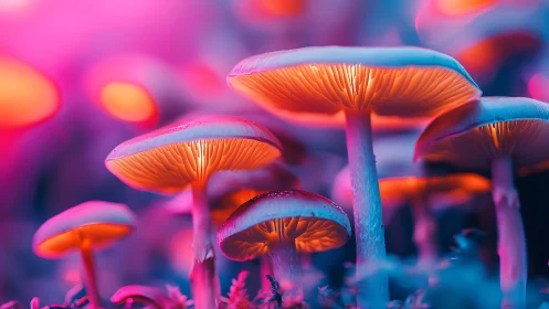 Bioluminescent macro cluster of neon fungal gills in bloom.