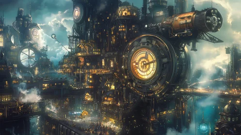 Steampunk clockwork megacity glows within layered vertical fog