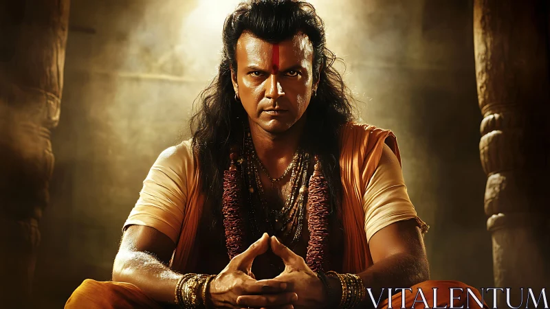 Intense ascetic warrior seated in warm cinematic sidelighting