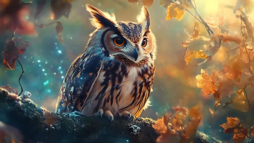 Majestic owl in autumn forest, magical fantasy digital art style.